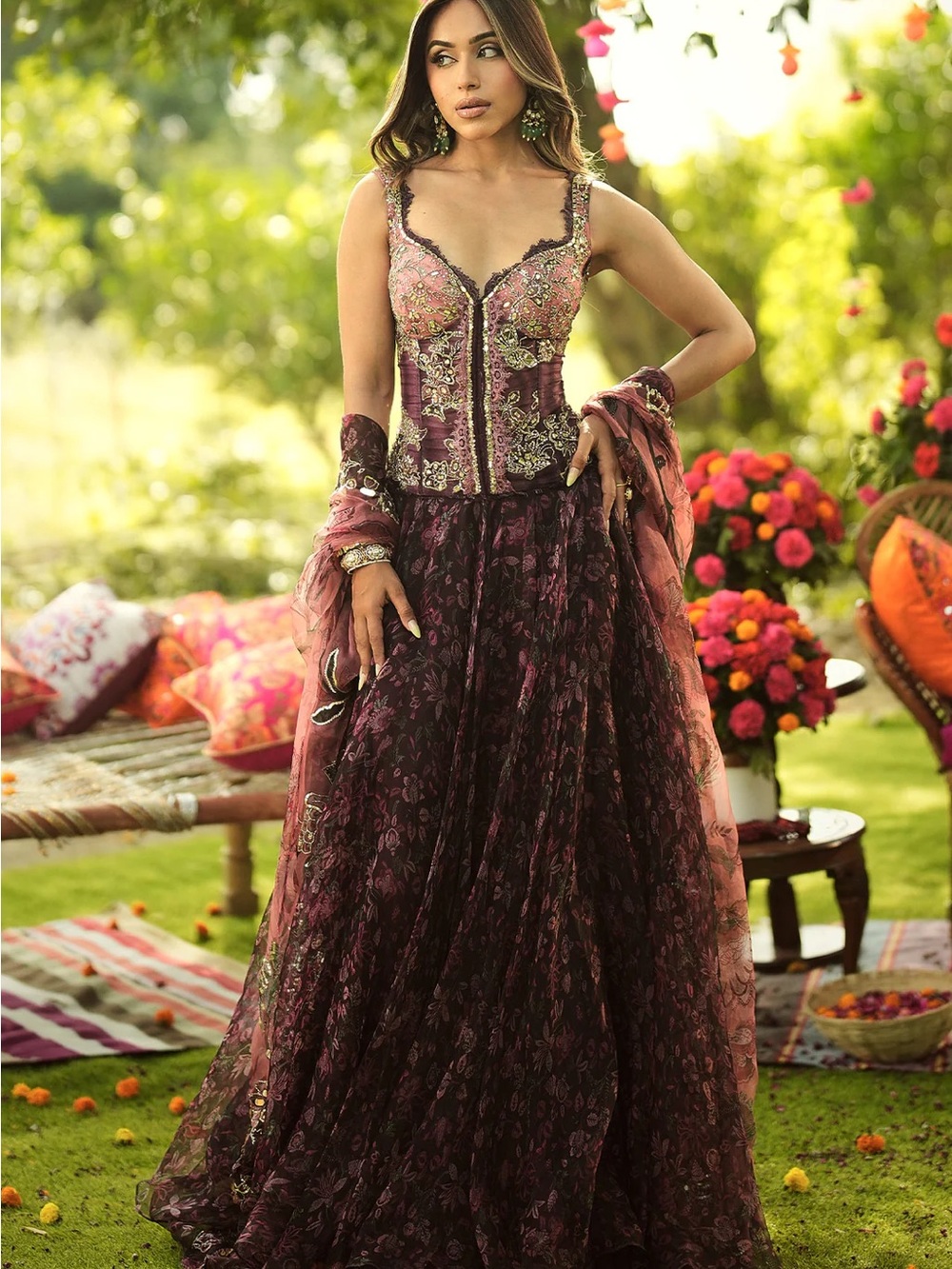 Plum & Pink Embroidered Women's Lehenga Maxi with Dupatta